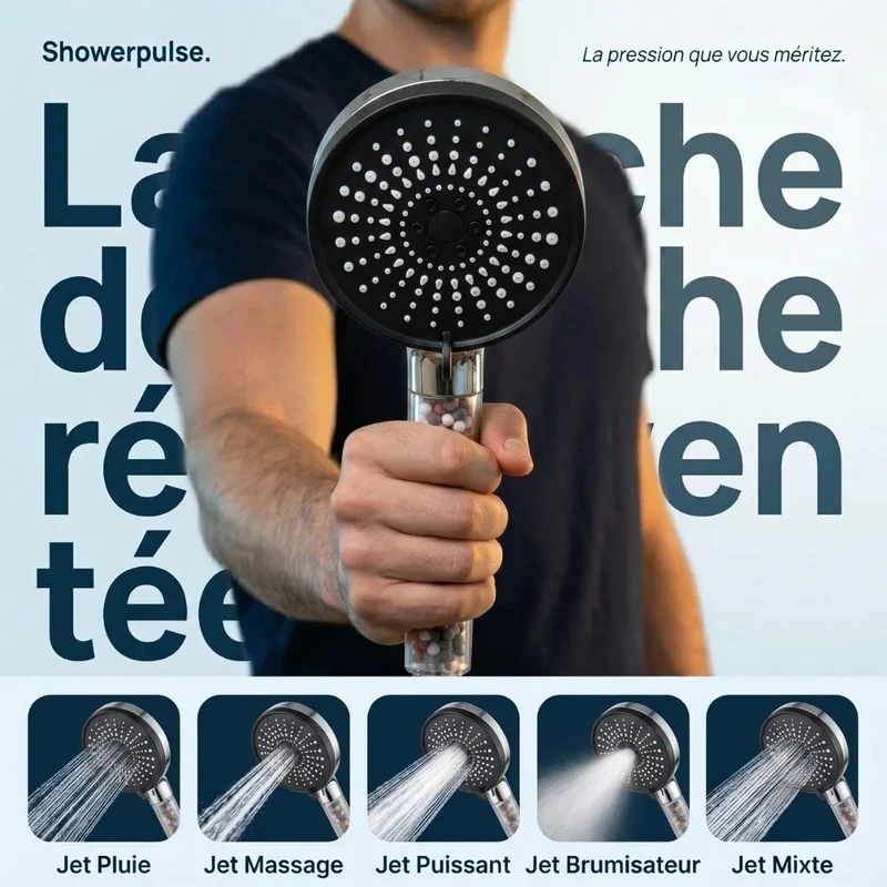 Pommeau de douche noir anti calcaire à billes 5 modes