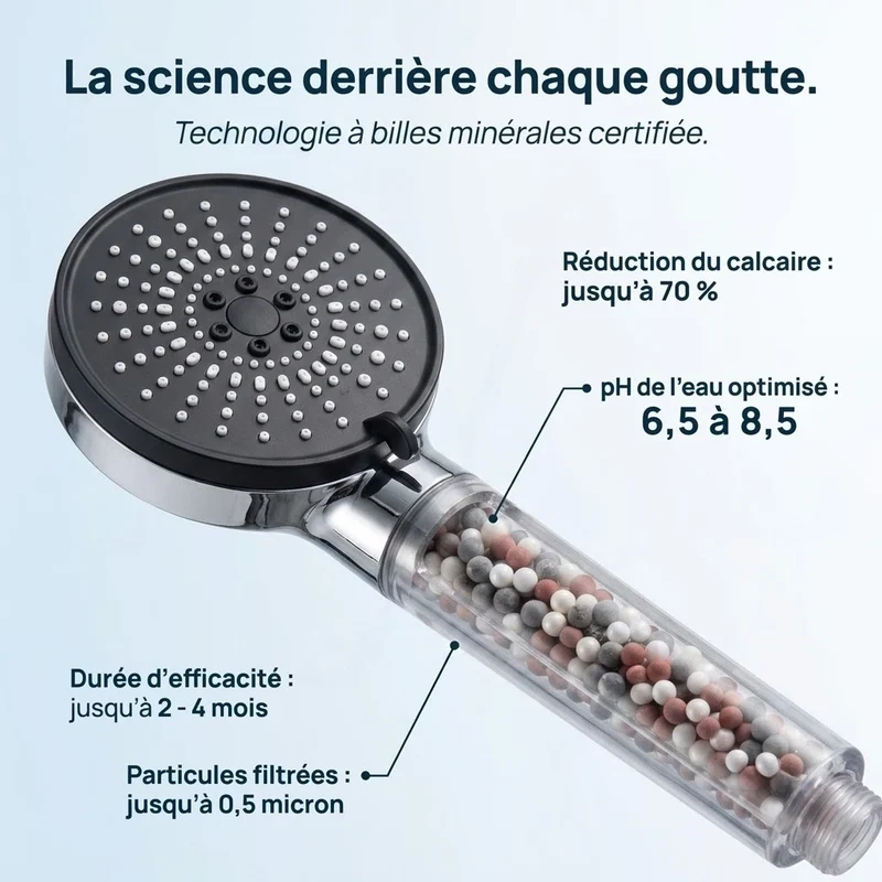 Pommeau de douche noir anti calcaire à billes 5 modes