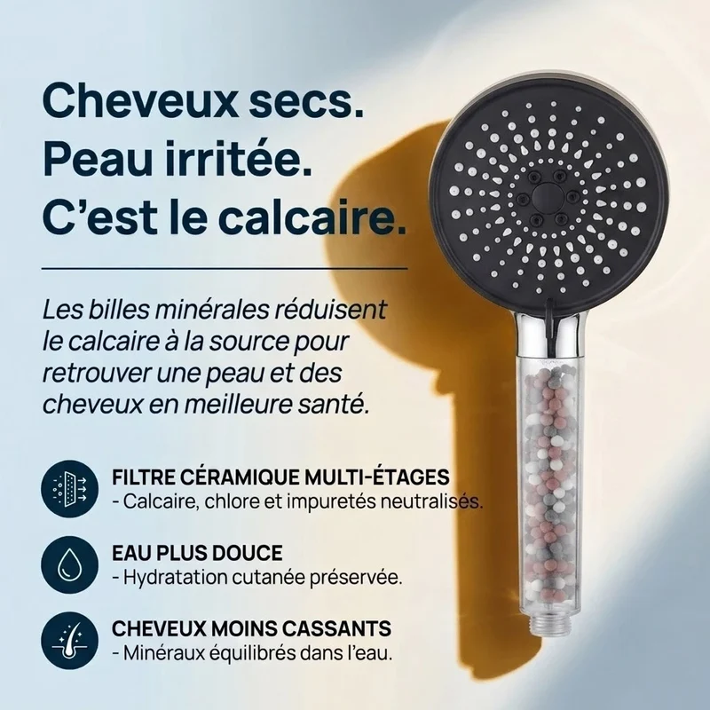 Pommeau de douche noir anti calcaire à billes 5 modes