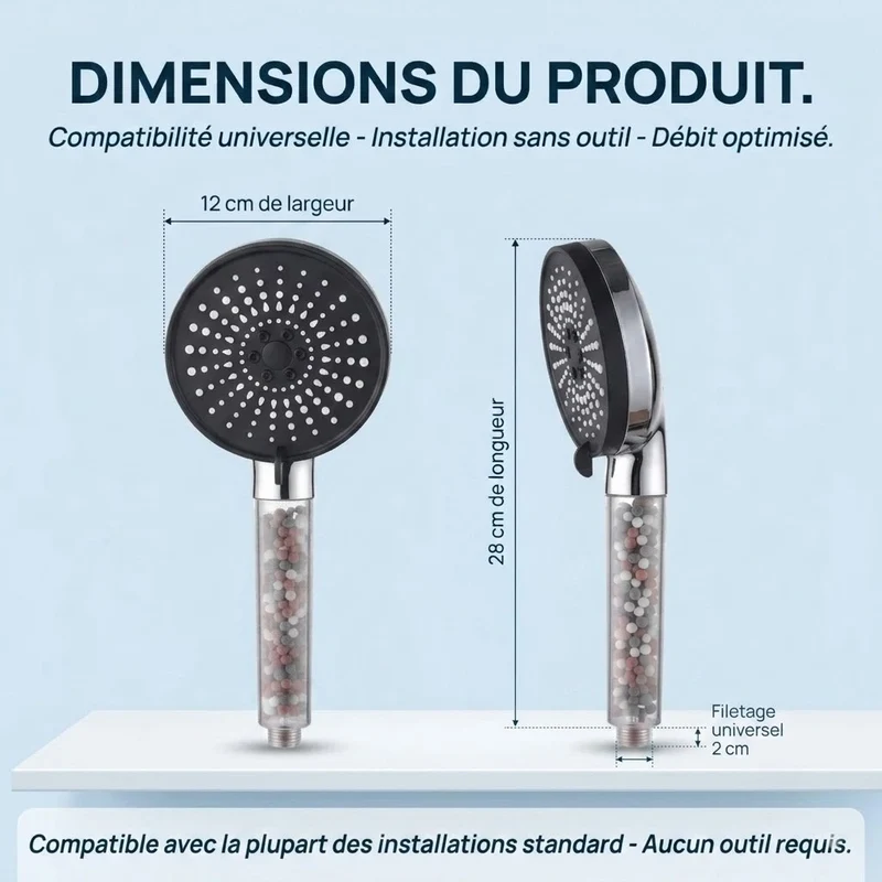 Pommeau de douche noir anti calcaire à billes 5 modes