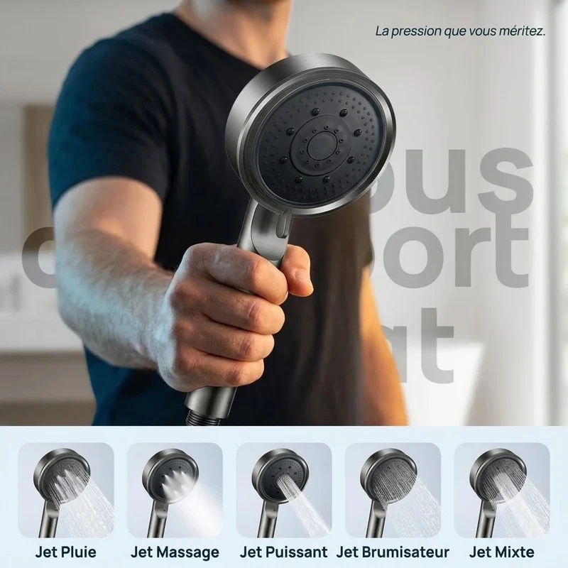 Pommeau de douche noir 5 modes