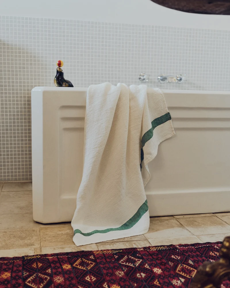 Serviette de bain en lin - Nid d'abeille - Bande Vert Potager