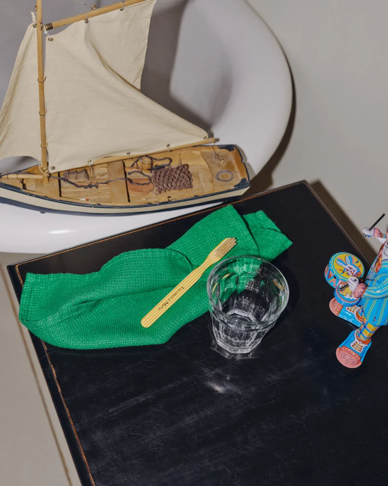 Serviette de bain invité en lin - Nid d'abeille - Vert Potager