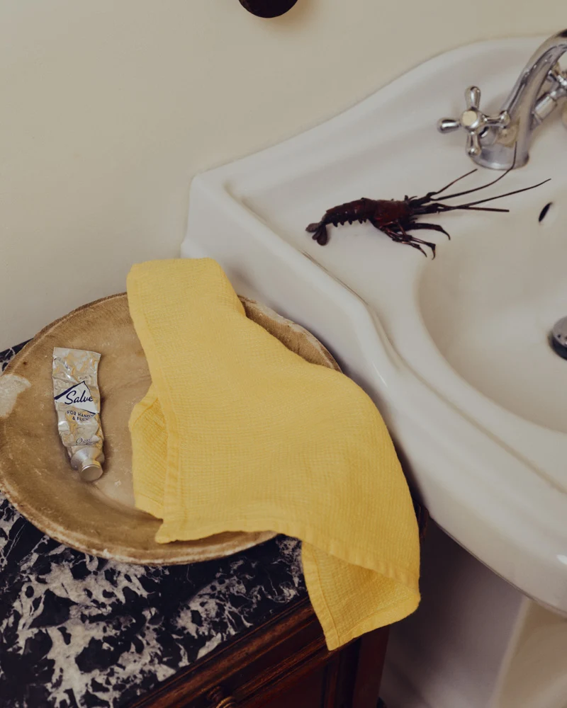 Serviette de bain invité en lin - Nid d'abeille - Jaune Citronnade
