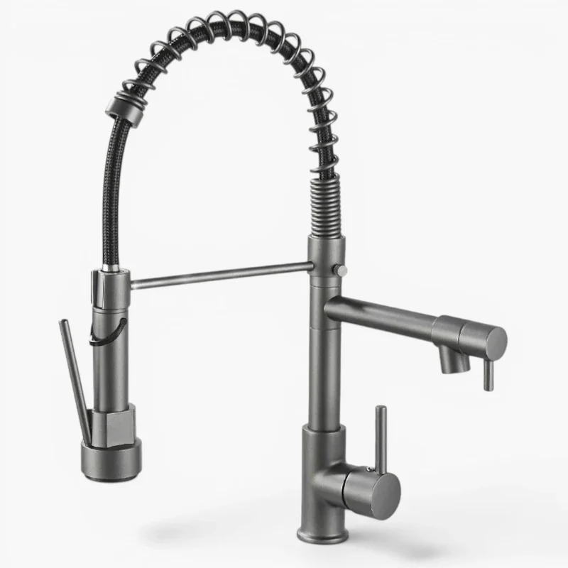 Robinet double cuisine évier douchette mitigeur bicolore - Argenté / Noir - Laiton
