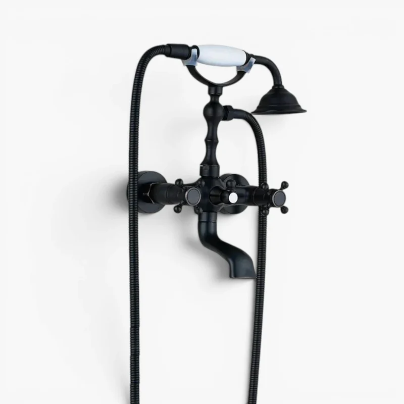 Robinet baignoire salle de bain rétro céramique douchette - Noir - Laiton