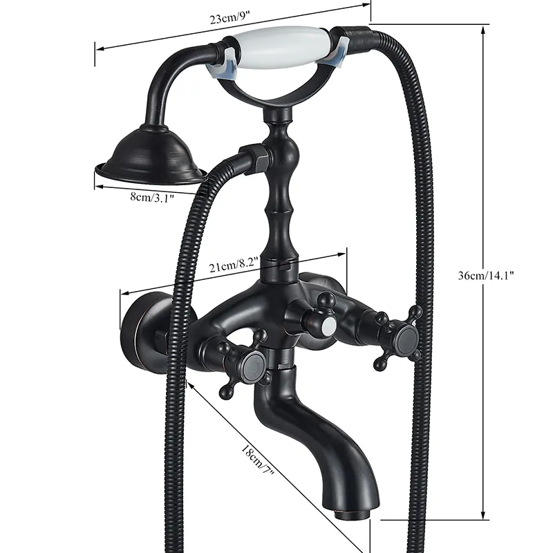 Robinet baignoire salle de bain rétro céramique douchette - Noir - Laiton