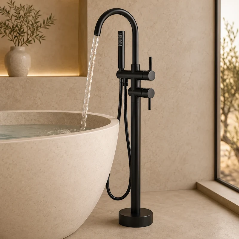 Robinet baignoire salle de bain montage au sol - Noir Mat - Laiton