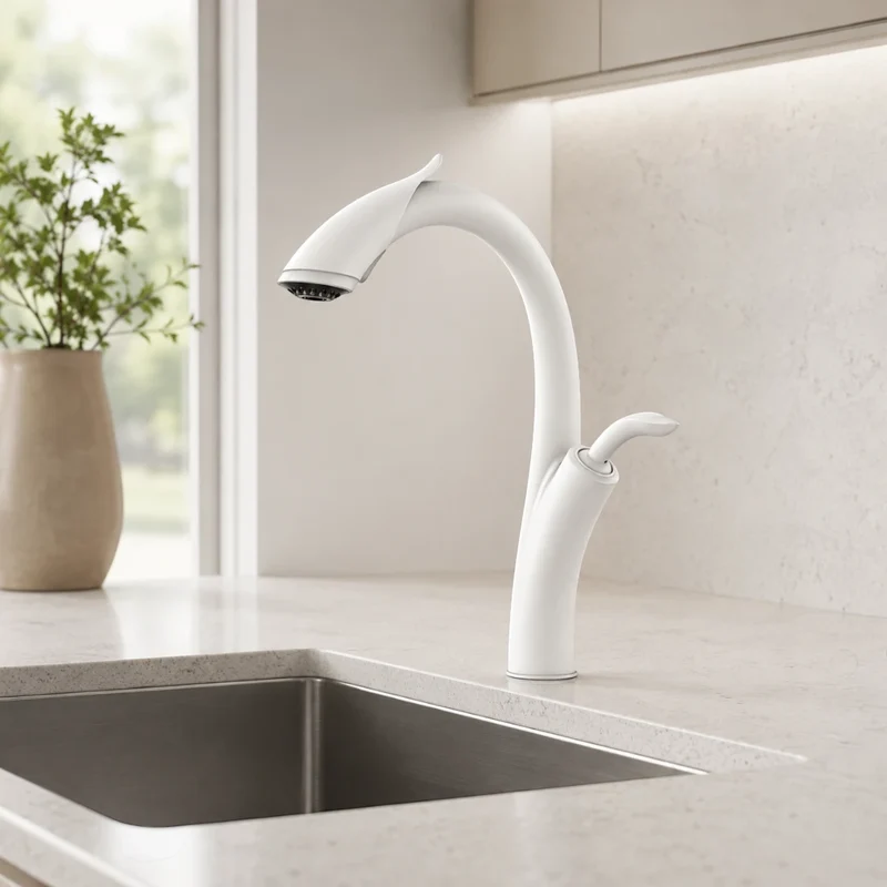 Robinet évier cuisine design flexible douchette - Blanc - Laiton