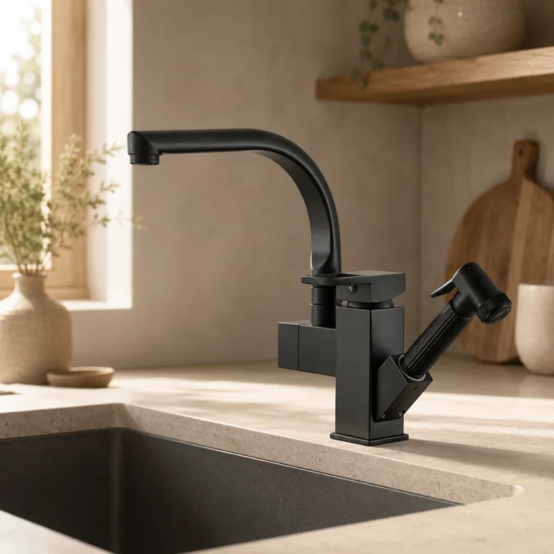 Robinet évier cuisine design mitigeur flexible douchette pistolet - Noir - Laiton
