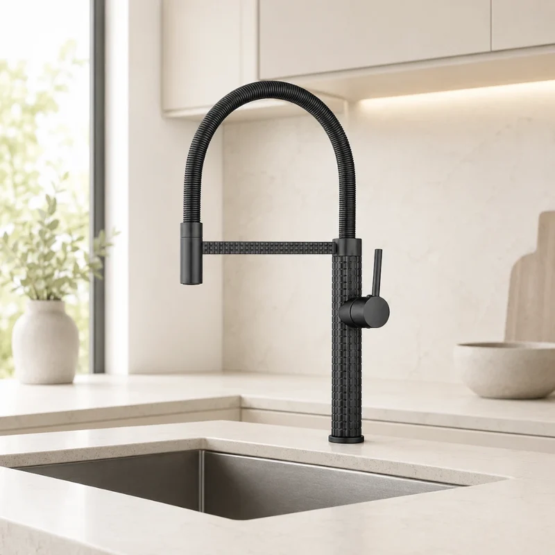 Robinet évier cuisine design texturé flexible - Noir - Laiton