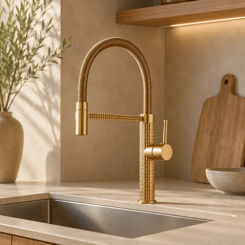 Robinet évier cuisine design texturé flexible - Doré - Laiton