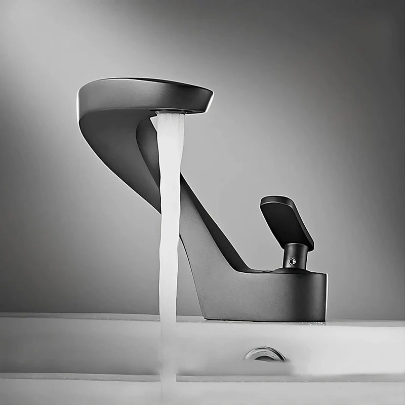 Robinet de lavabo cascade monotrou, bec courbé, à poignée unique