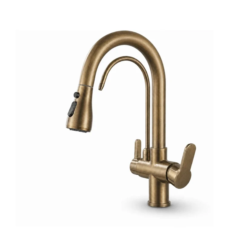 Mitigeur de cuisine 3 voies eau filtrée — Douchette extractible, laiton