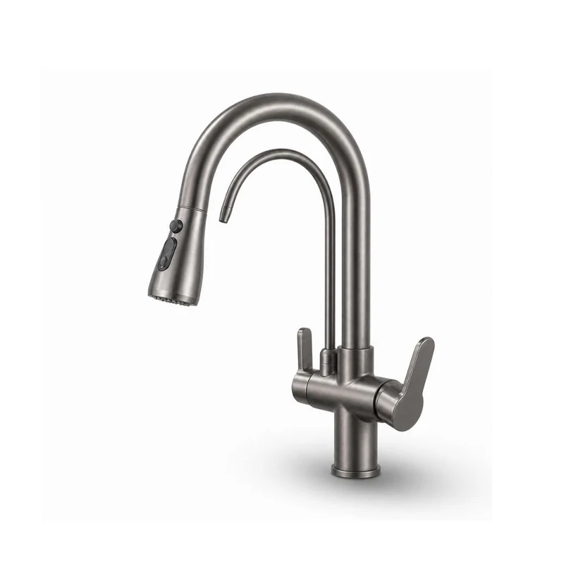 Mitigeur de cuisine 3 voies eau filtrée — Douchette extractible, laiton