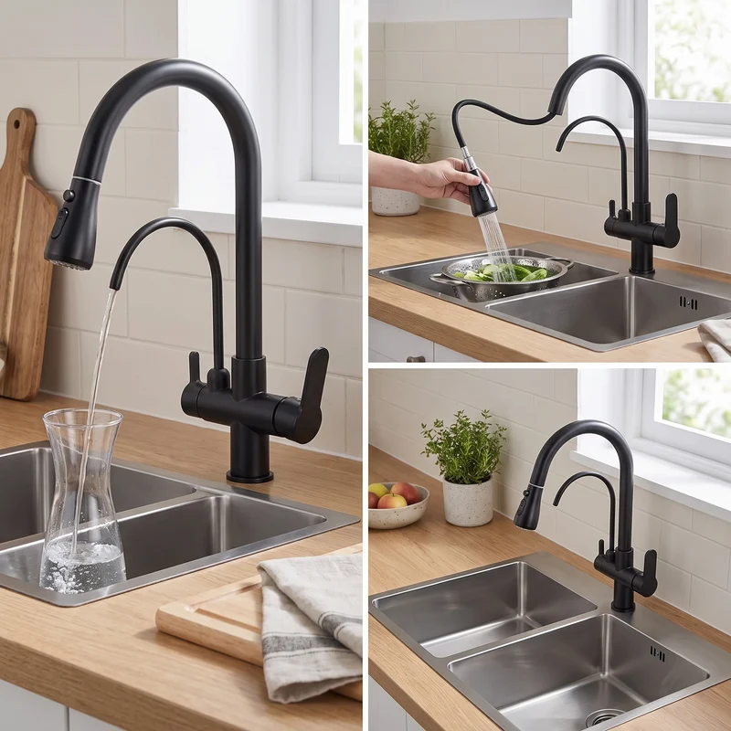 Mitigeur de cuisine 3 voies eau filtrée — Douchette extractible, laiton