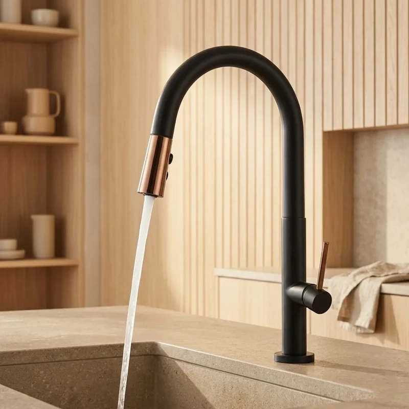 Robinet évier cuisine douchette dorée rose - Noir - Laiton