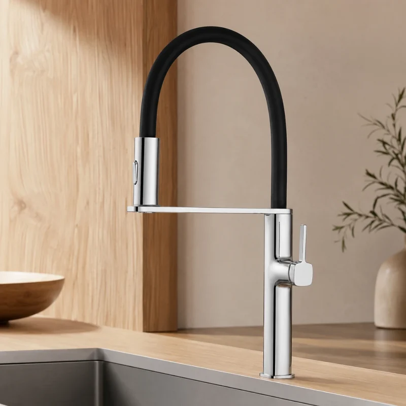 Robinet évier cuisine flexible noir douchette magnétique - Argenté - Laiton