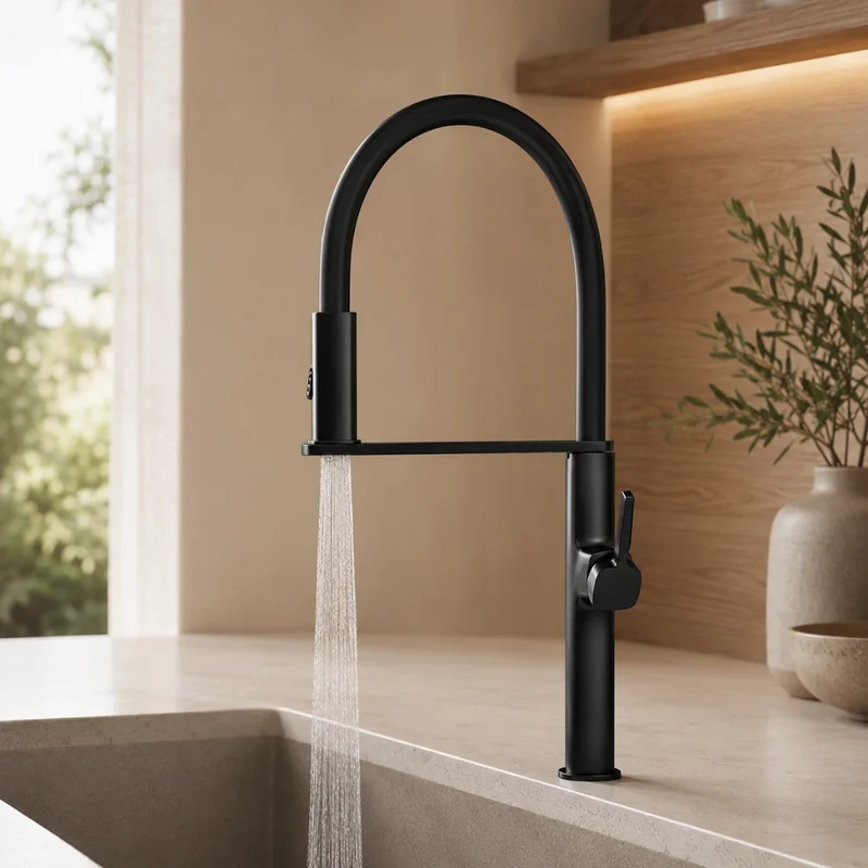 Robinet évier cuisine flexible noir douchette magnétique - Noir - Laiton