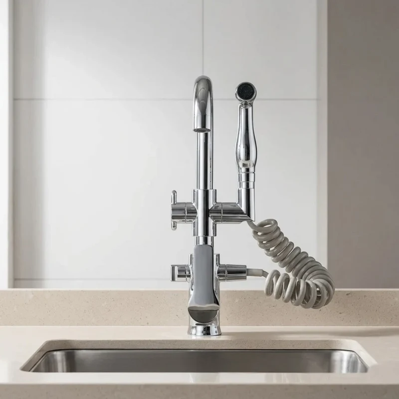 Robinet évier cuisine mitigeur douchette flexible - Argenté - Laiton