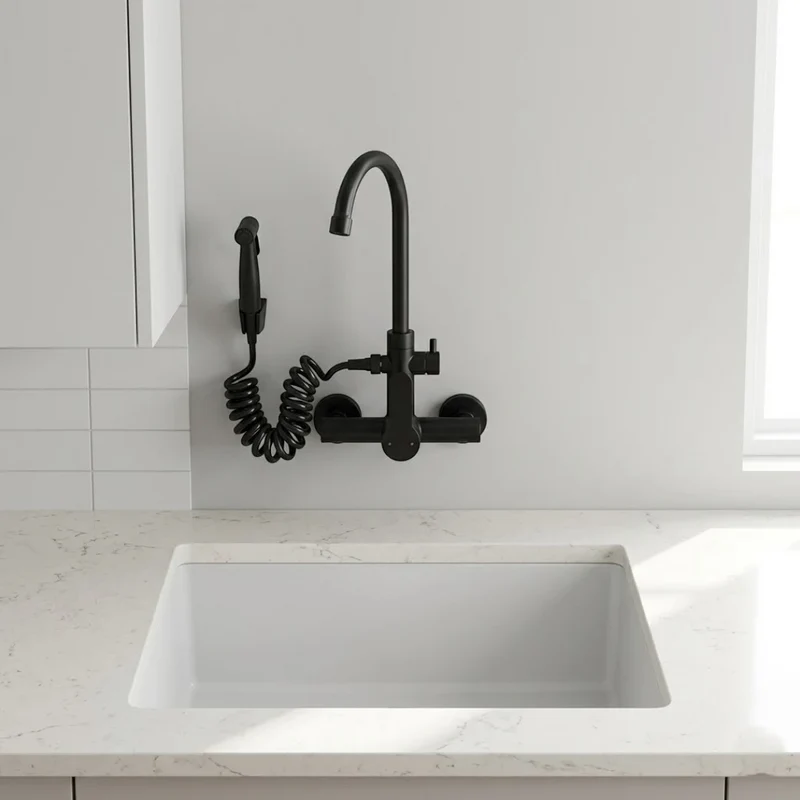 Robinet évier cuisine mural encastrable douchette pistolet flexible - Noir