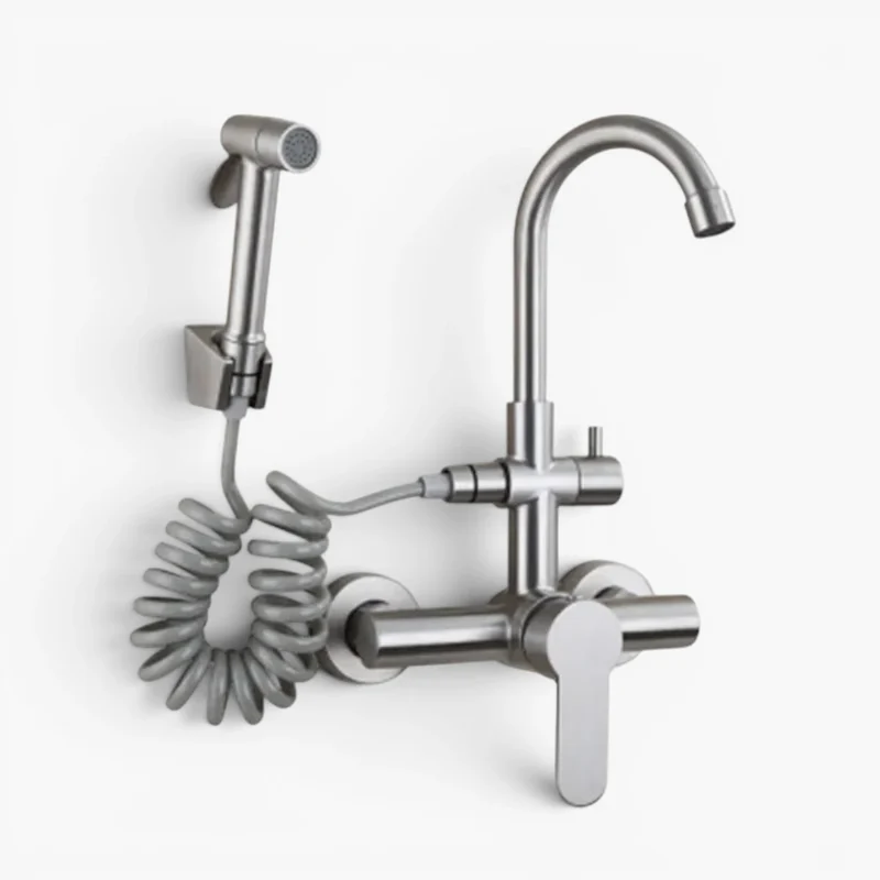 Robinet évier cuisine mural encastrable douchette pistolet flexible - Argenté