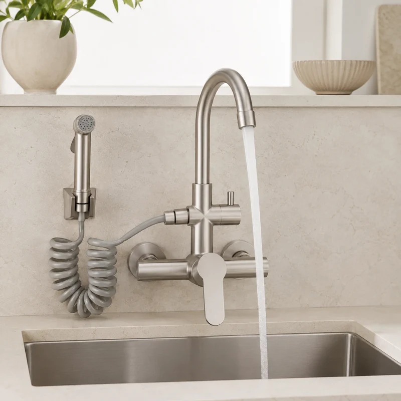 Robinet évier cuisine mural encastrable douchette pistolet flexible - Argenté