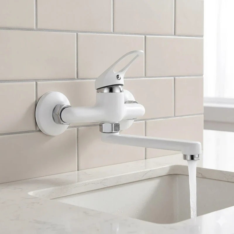 Robinet évier cuisine mitigeur encastrable mural - Blanc - Laiton