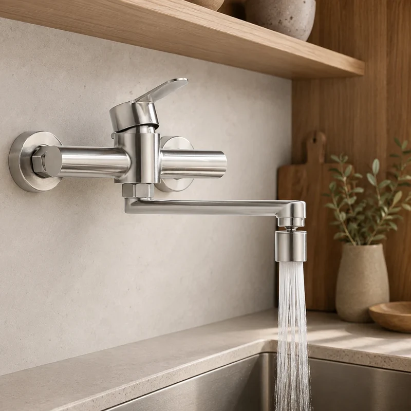 Robinet évier cuisine mural encastrable pivotant multijet - Argenté