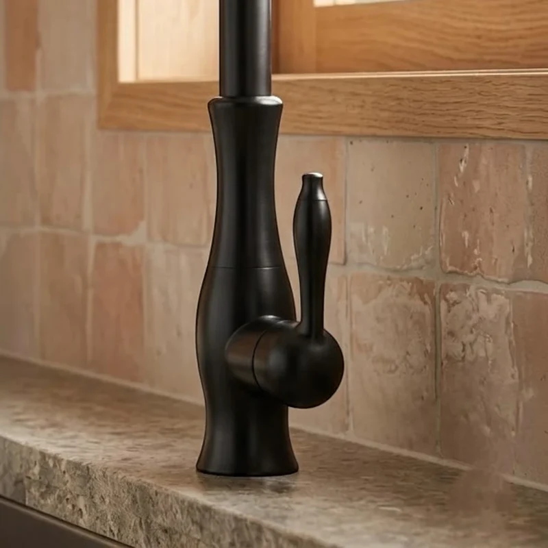 Robinet évier cuisine rétro arrondi flexible douchette - Noir - Laiton