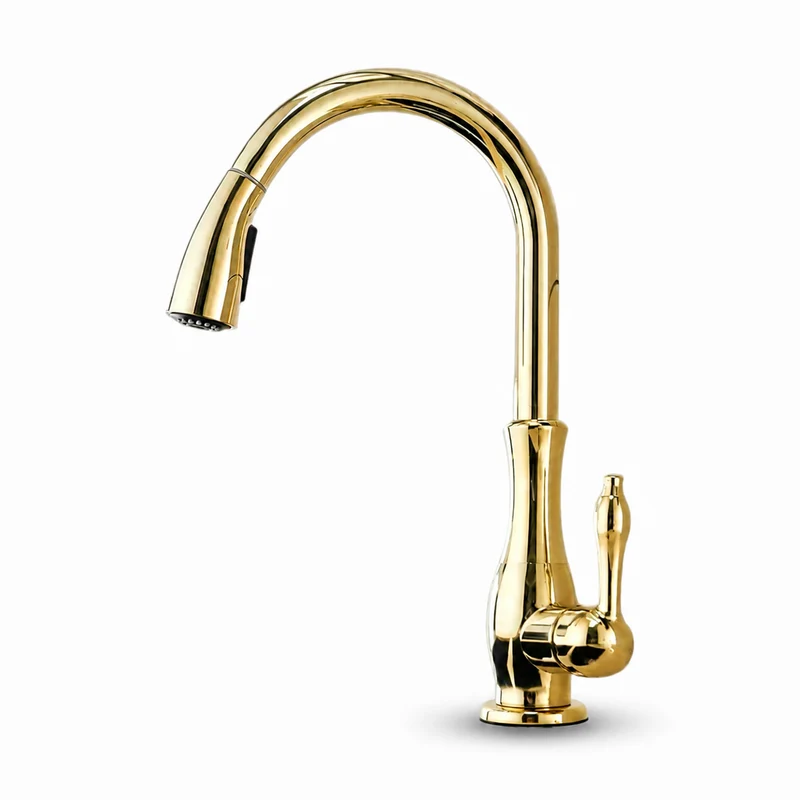 Robinet évier cuisine rétro arrondi flexible douchette - Doré - Laiton