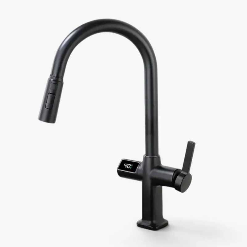 Robinet évier cuisine thermostatique affichage numérique flexible douchette - Noir - Laiton