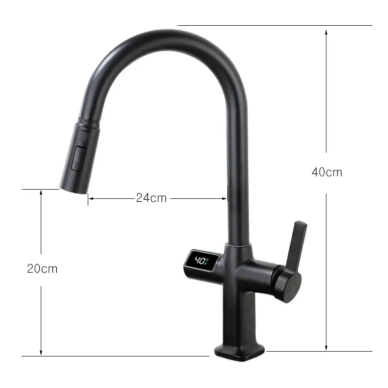 Robinet évier cuisine thermostatique affichage numérique flexible douchette - Noir - Laiton