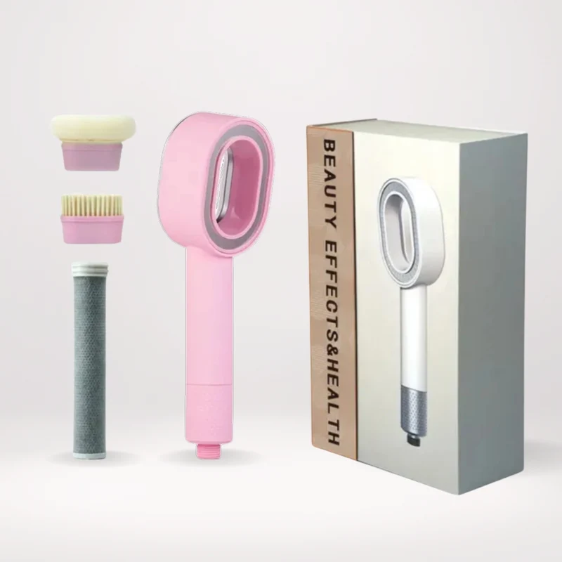 Coffret PEAU DOUCE Pommeau de douche rose design avec filtre acf + brosse + éponge