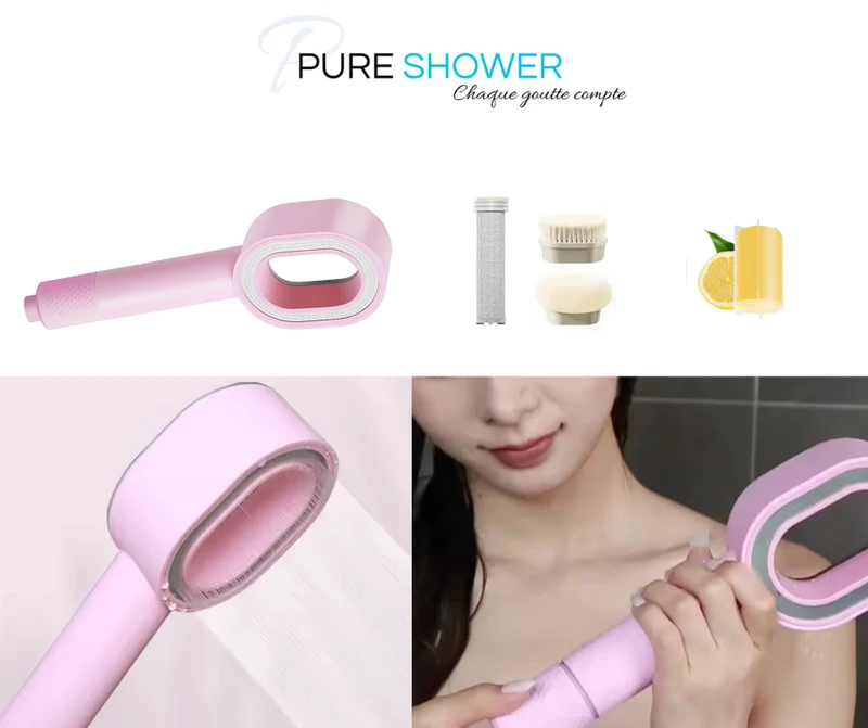 Coffret PEAU DOUCE Pommeau de douche rose design avec filtre acf + brosse + éponge