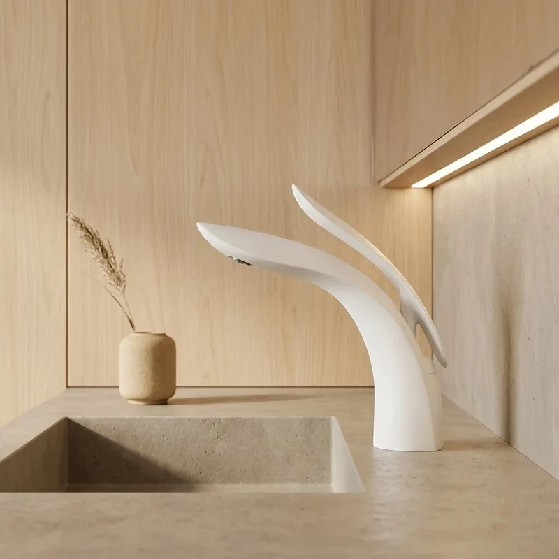 Robinet lavabo salle de bain mitigeur design arrondi - Blanc - Laiton