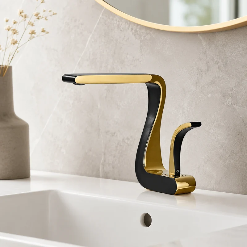 Robinet lavabo salle de bain mitigeur design incurvé - Noir - Laiton