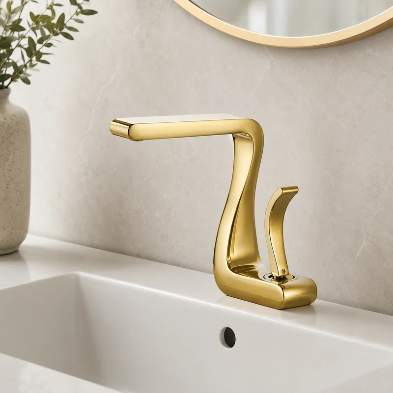 Robinet lavabo salle de bain mitigeur design incurvé - Doré - Laiton