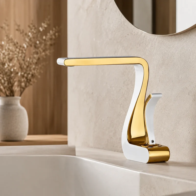 Robinet lavabo salle de bain mitigeur design incurvé - Blanc - Laiton