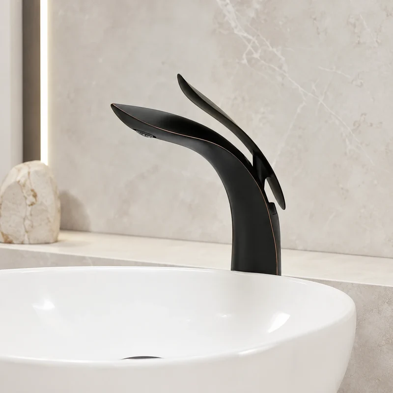 Robinet lavabo salle de bain mitigeur design arrondi - Noir - Laiton