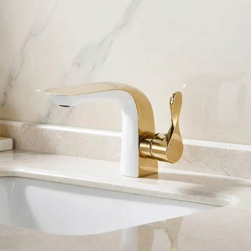 Robinet lavabo salle de bain moderne bicolore - Blanc Doré - Laiton