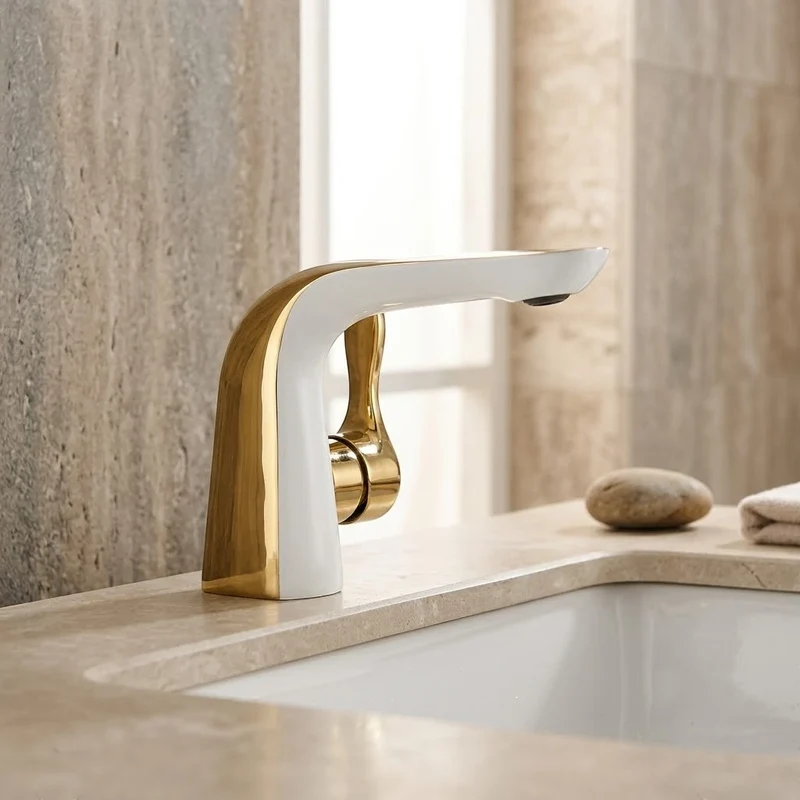 Robinet lavabo salle de bain moderne bicolore - Blanc Doré - Laiton