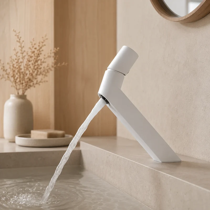 Robinet lavabo salle de bain mitigeur poignée ronde - Blanc - Laiton