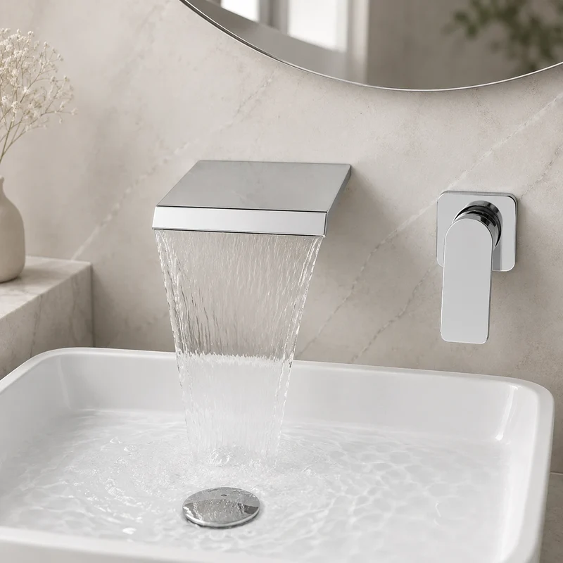 Robinet lavabo salle de bain mural encastrable cascade - Argenté - Laiton