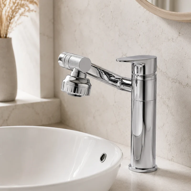 Robinet lavabo salle de bain pivotant rotatif multijet - Argenté - Laiton