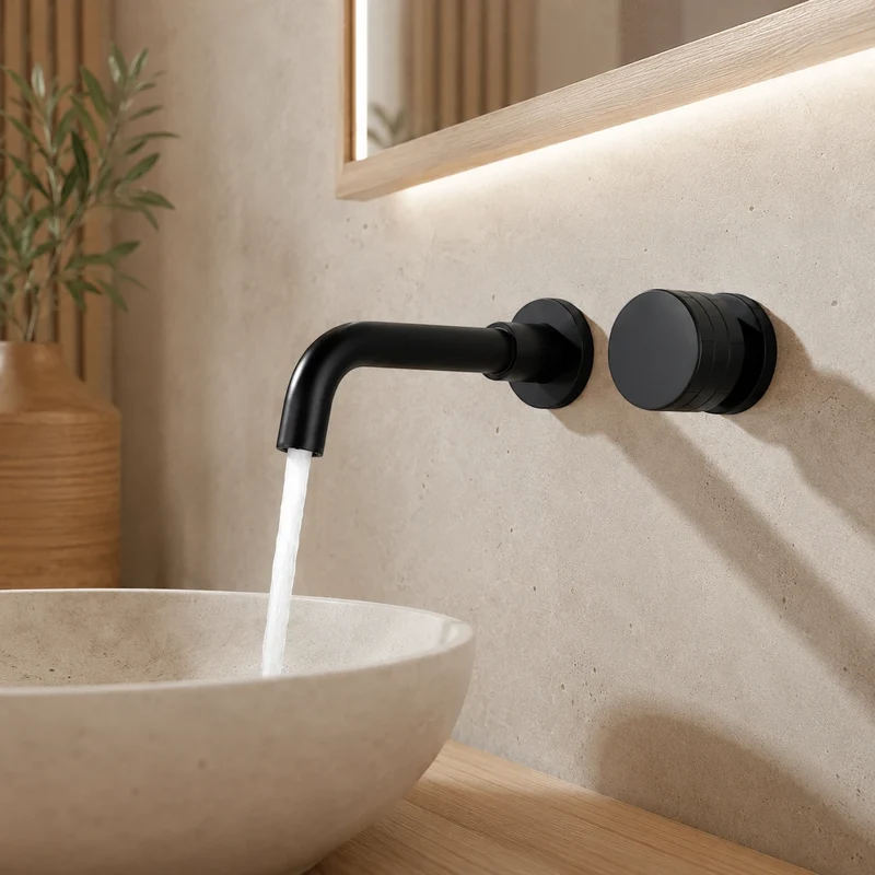 Robinet lavabo salle de bain mural encastrable mitigeur molette - Noir - Laiton