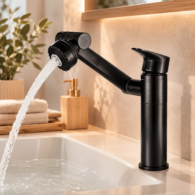 Robinet lavabo salle de bain pivotant rotatif multijet - Noir - Laiton