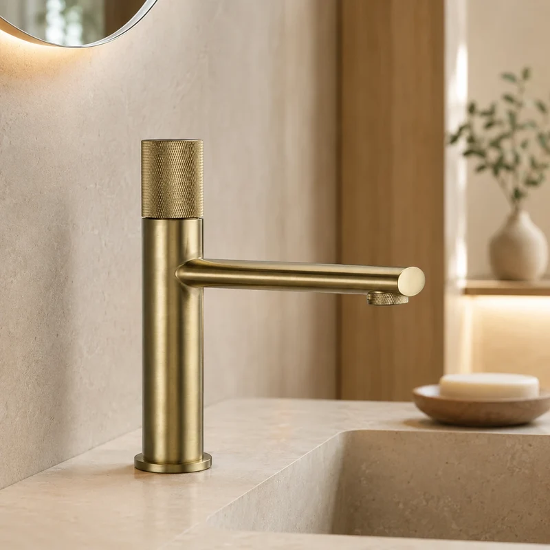 Robinet lavabo salle de bain poignée ronde travaillée - Doré brossé - Laiton
