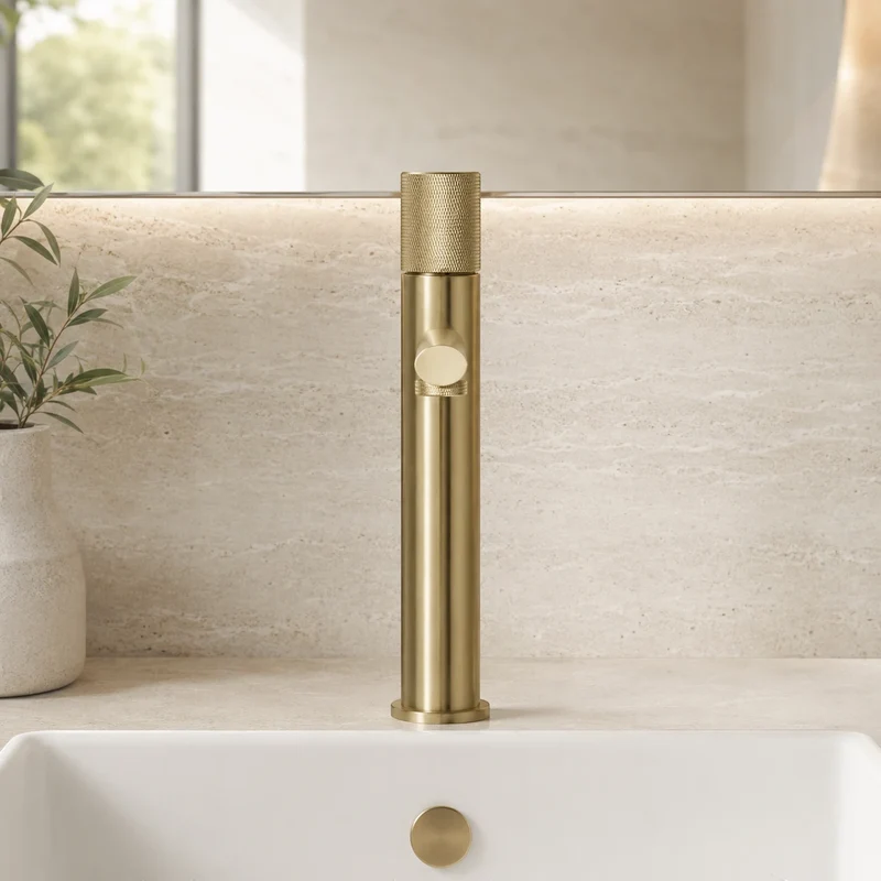 Robinet lavabo salle de bain poignée ronde travaillée - Doré brossé - Laiton