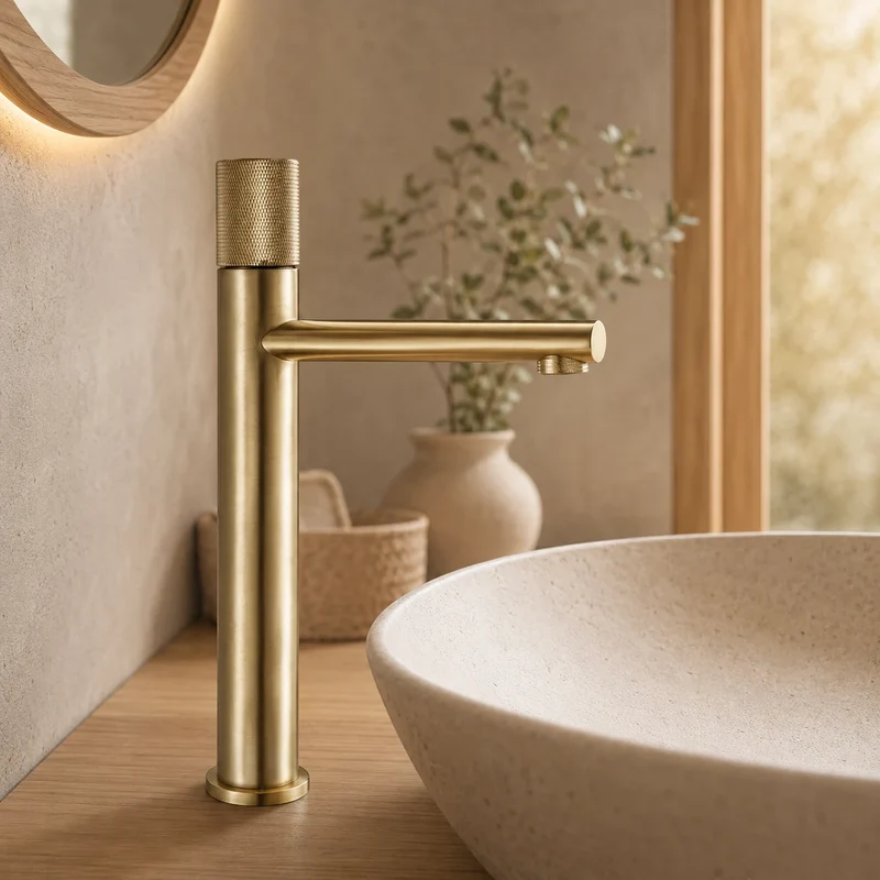 Robinet lavabo salle de bain poignée ronde travaillée - Doré brossé - Laiton